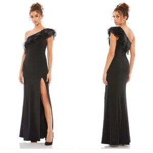 MAC DUGGAL 26372 ONE SHOULDER RUFFLE BLACK EVENING STRETCH GOWN sz 10